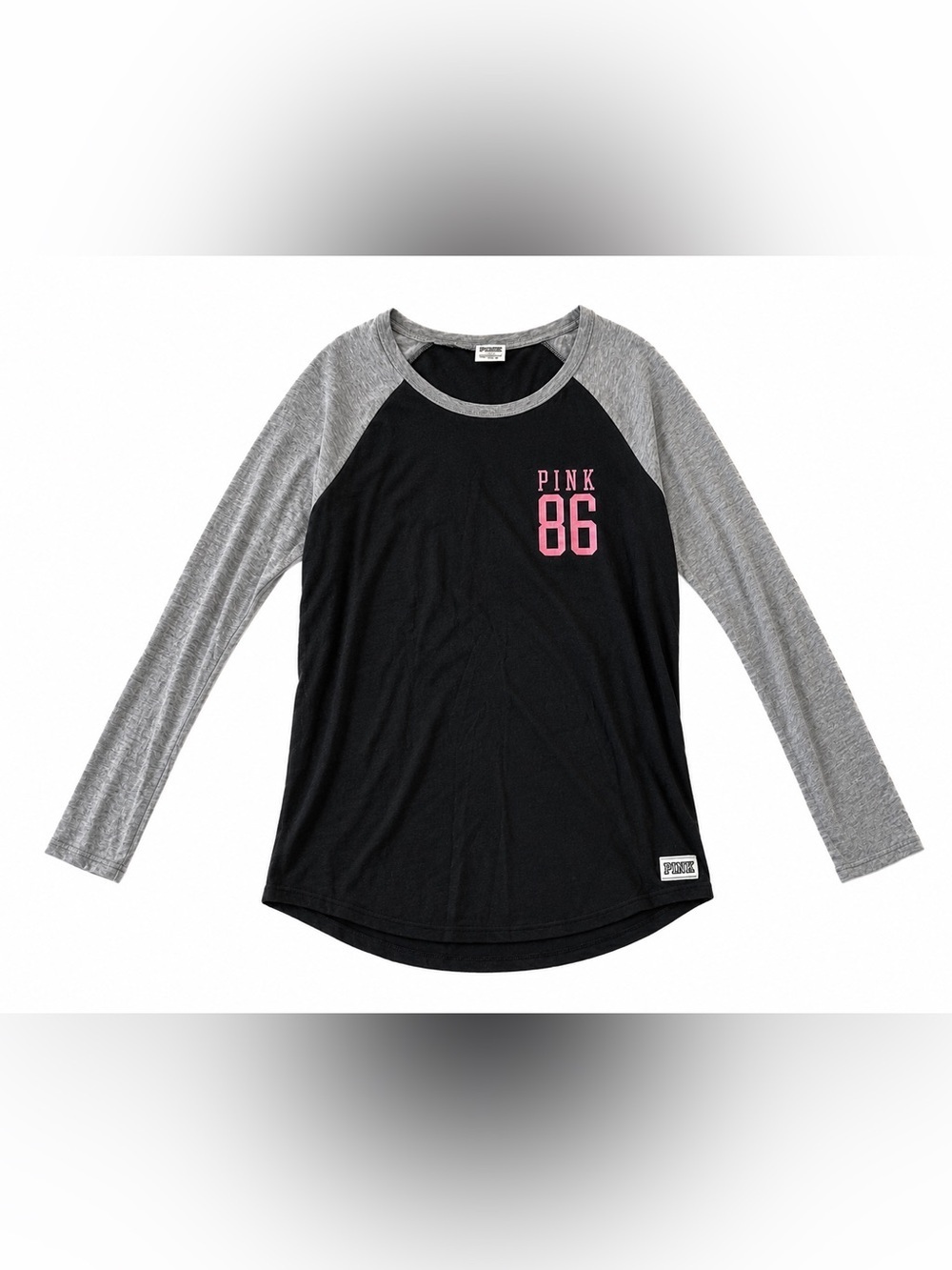 VICTORIA’S SECRET PINK GRAY AND BLACK LONG SLEEVE DOLPHIN HEM SHIRT